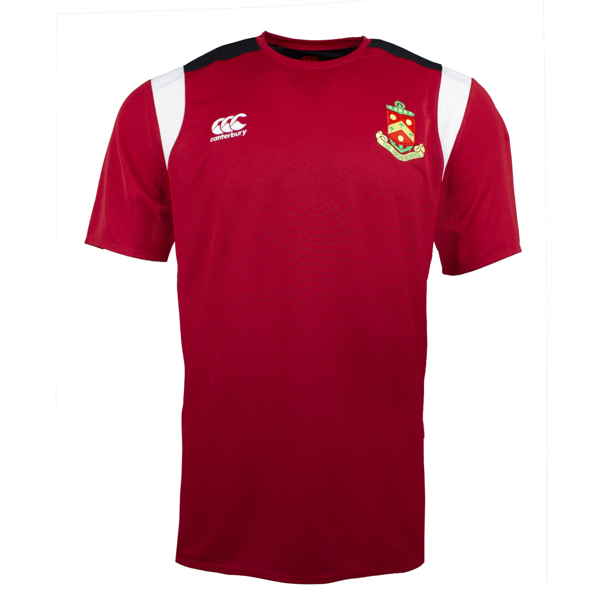 A photo of the The High School Junior Boys Hockey Top in Red with embroidered school crest on left chest.