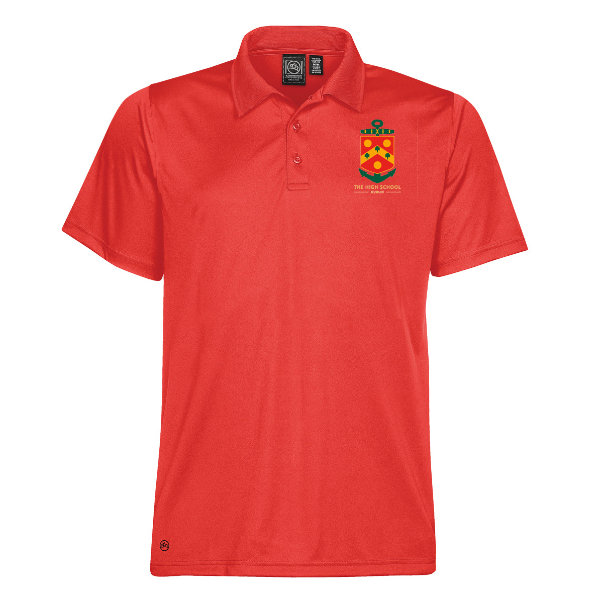 A photo of the The High School PE Shirt Red, with embroidered school crest on left chest.