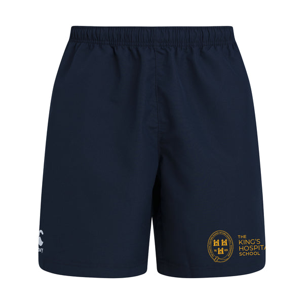 A photo of the King's Hospital PE/Hockey Shorts in Navy, with embroidered school crest on left leg.