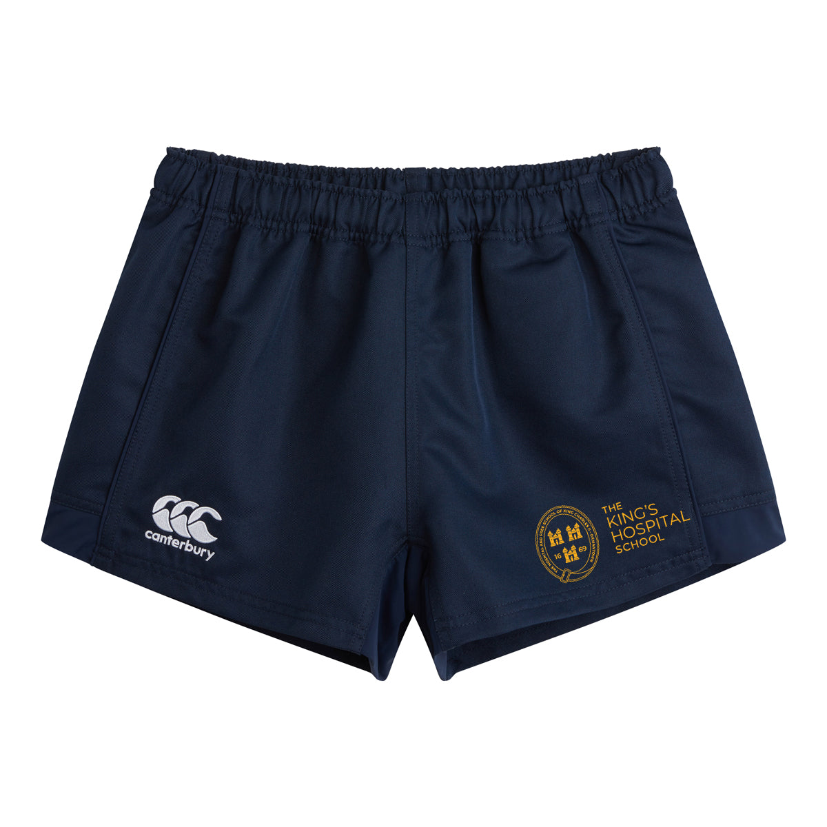 A photo of the King's Hospital Rugby Shorts in Navy with embroidered school crest on left leg