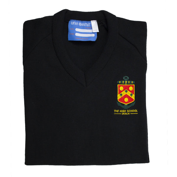 A photo of the The High School Pullover in Black with embroidered school crest on left chest.