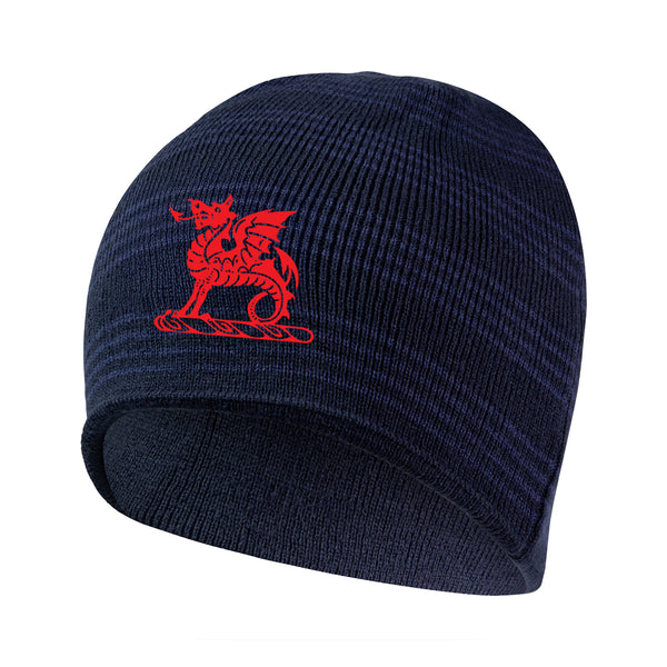 A photo of the Wesley College Beanie Hat in Navy with embroidered school crest.
