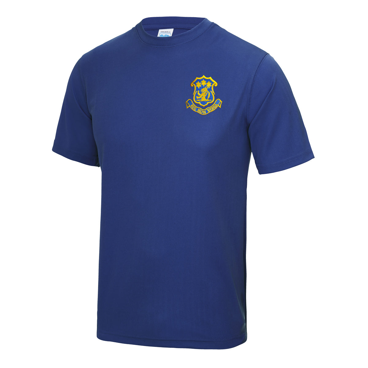 A photo of the Wilson's Hospital T-Shirt in Royal Blue with school crest on left chest.