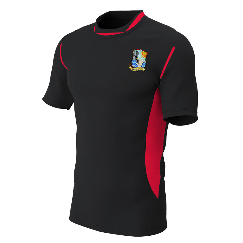A picture of Colaiste Na Riochta PE T-Shirt, black with red ascents, available from Uniformity, Ireland's leading school uniform & sports uniform supplier. Shop online or instore today