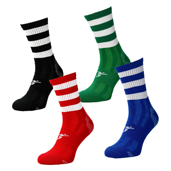 Picture showing Precision Pro Hooped GAA Mid Socks in 4 colours, Black, Green, Red & Royal each with 3 white stripes