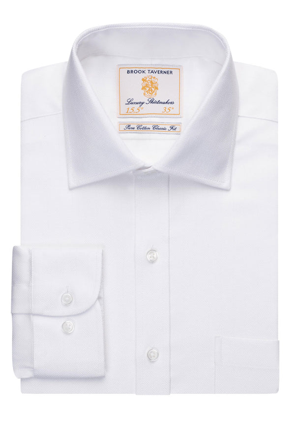 Brook Taverner Altare Single Cuff Shirt Cotton Herringbone White