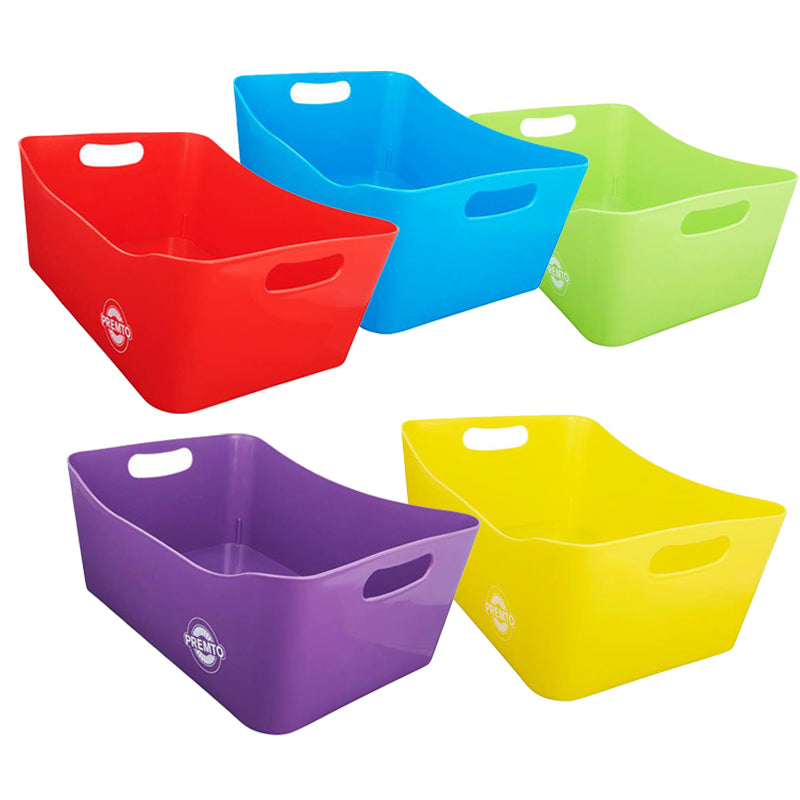 An image of the Premto Large Storage Basket in 5 different colours,  available from Uniformity, your one-stop-shop for all your Back to School Stationery.