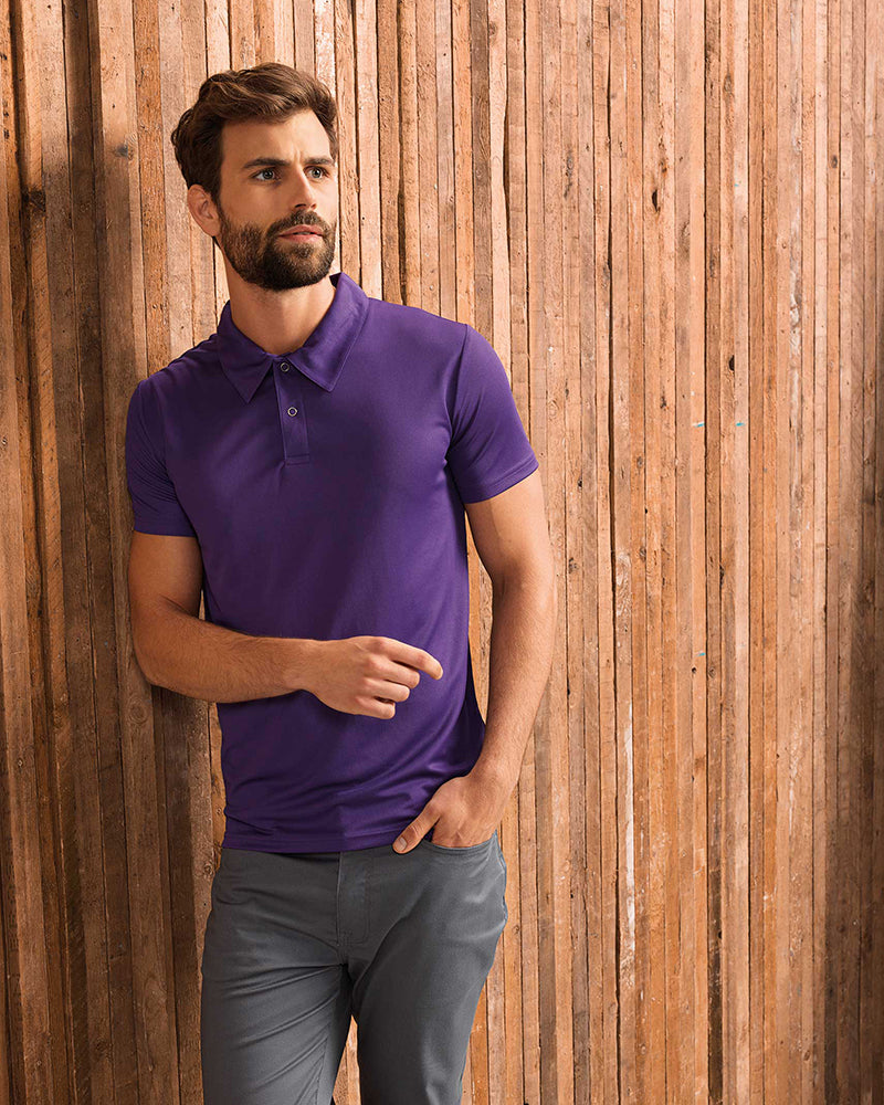 Photo of model male model wearing Coolchecker Studded Polo in Purple