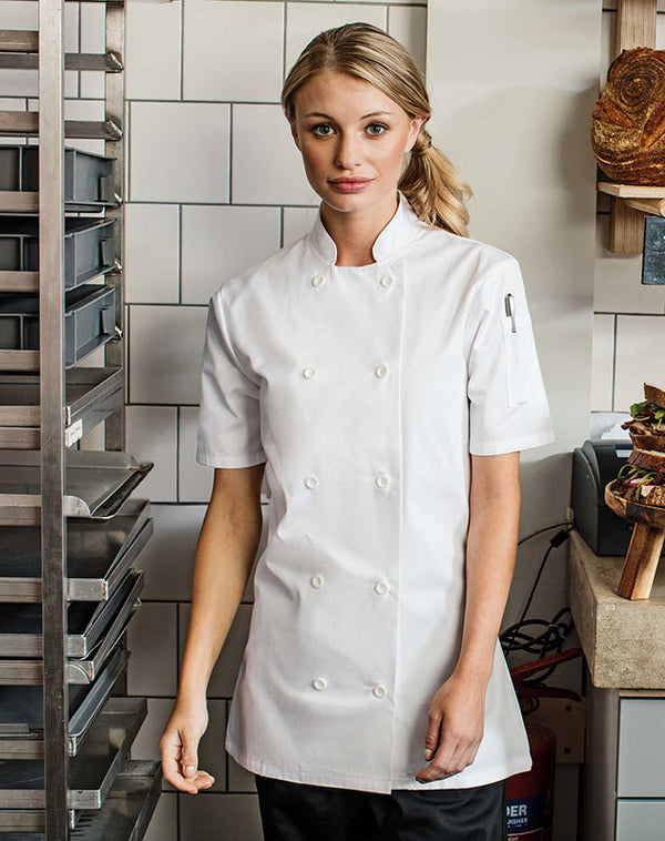 Chef wearing the Women's Short Sleeve Chef's Jacket