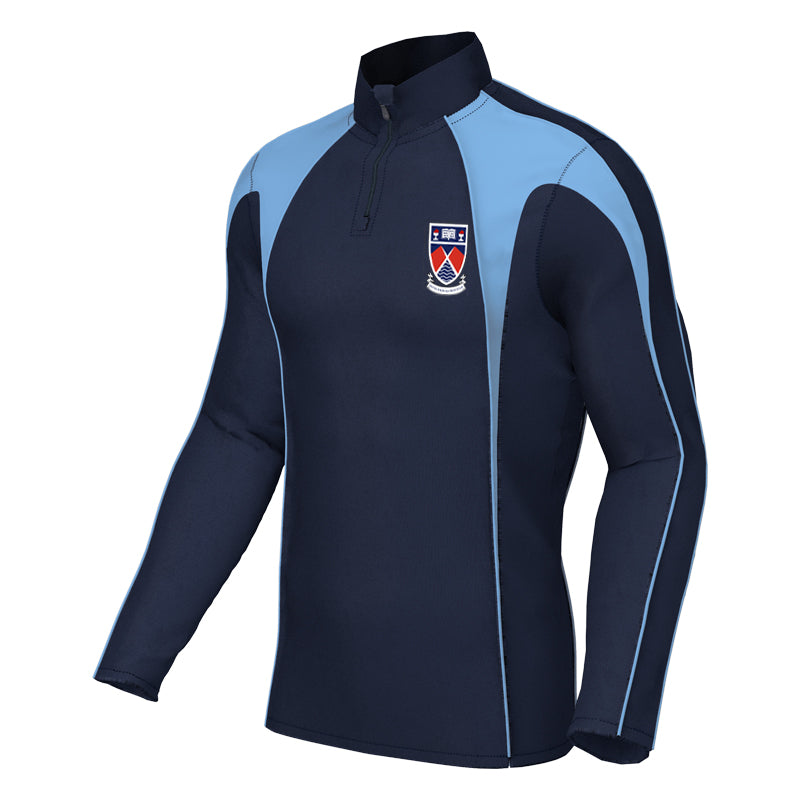 An image of the Rockbrook Park School midlayer, pictured from the right-side with school crest; Available from Uniformity, Ireland's leading school uniform & sports uniform supplier.
