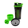 A picture of The UFE 2in1 Protein Shaker is a premium shaker complete with dual mixing technology to ensure an efficient mix. The 200ml screw on base container provides ideal storage for an additional protein powder or tablets. The fold flat carry handle and silicone grip on the lid adds that five star feel to this protein shaker, colour black green