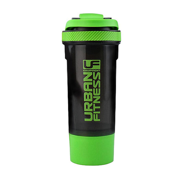 A picture of The UFE 2in1 Protein Shaker is a premium shaker complete with dual mixing technology to ensure an efficient mix. The 200ml screw on base container provides ideal storage for an additional protein powder or tablets. The fold flat carry handle and silicone grip on the lid adds that five star feel to this protein shaker, colour black green