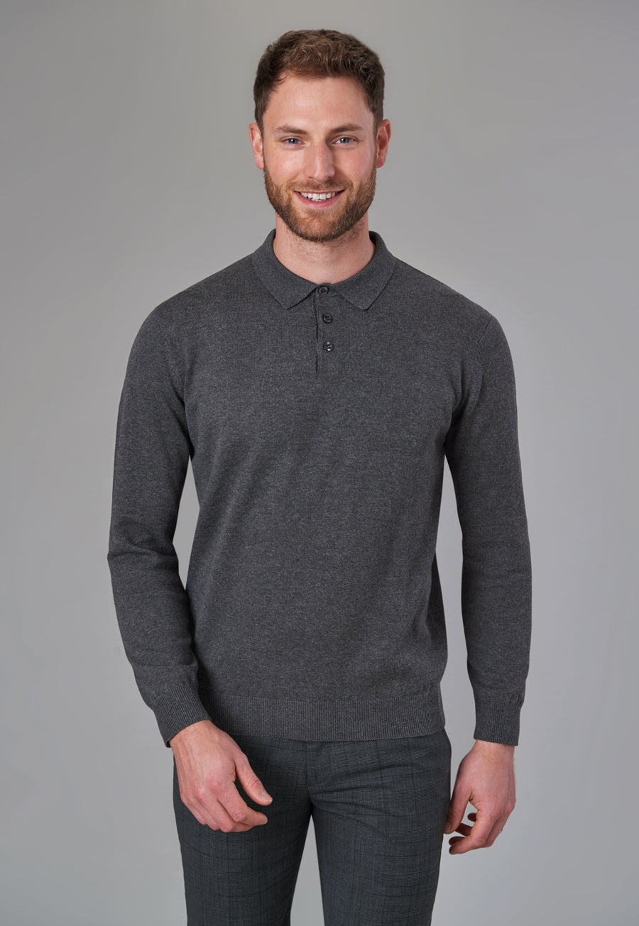 Model Wearing Brook Taverner Casper Knit Polo in Charcoal