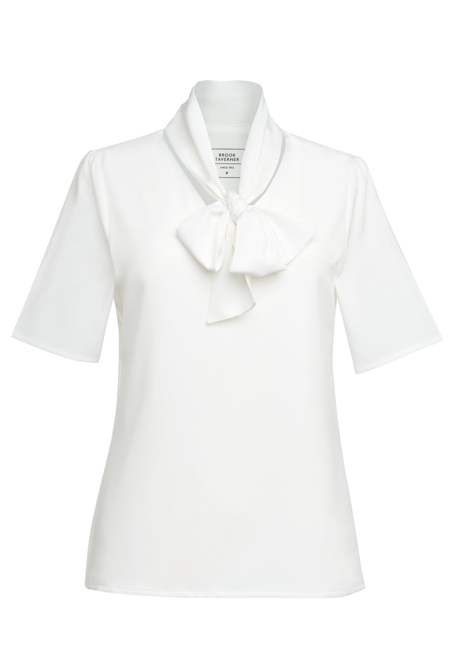 Brook Taverner Flavia Pussy Bow Blouse in White, front